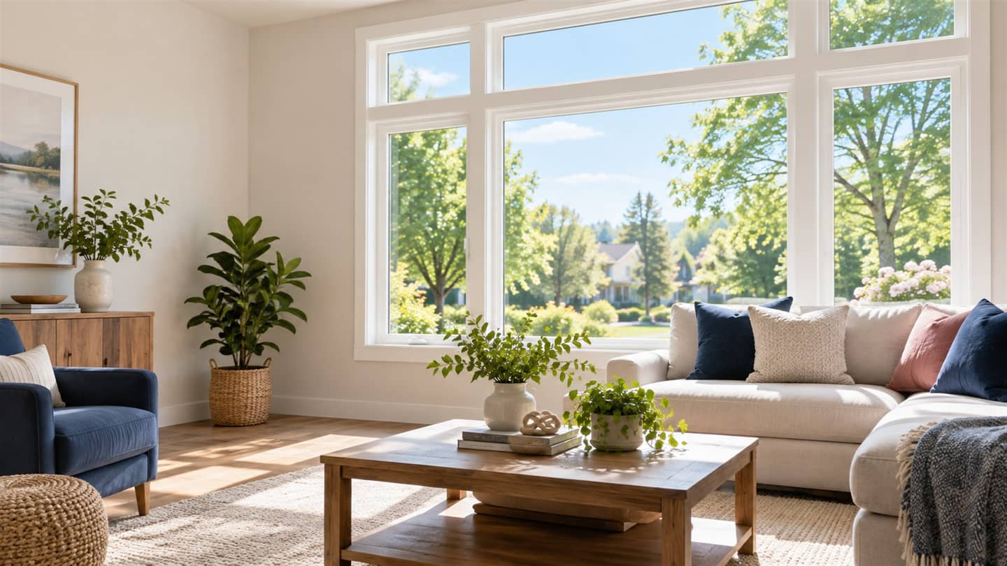 Bright living room with large residential windows and a sunny garden view